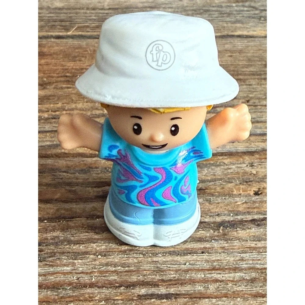 FisherPrice Little People Boy Figure White Bucket Hat Blue 90s Swirl Shirt HXC03
